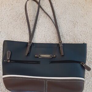 STONE MOUNTAIN Pebbled Faux Leather Tote /Purse Black- Brown Large, 11” x 18”